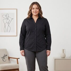Lane Bryant Button Down Shirt 20 Black Cotton Blend Stretch Long Sleeve Blouse